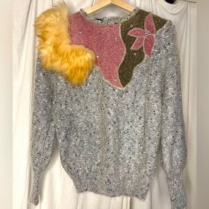 Vintage Dorabella Gray Sweater Embellished Mixed Textures Italy 80’s-90’s